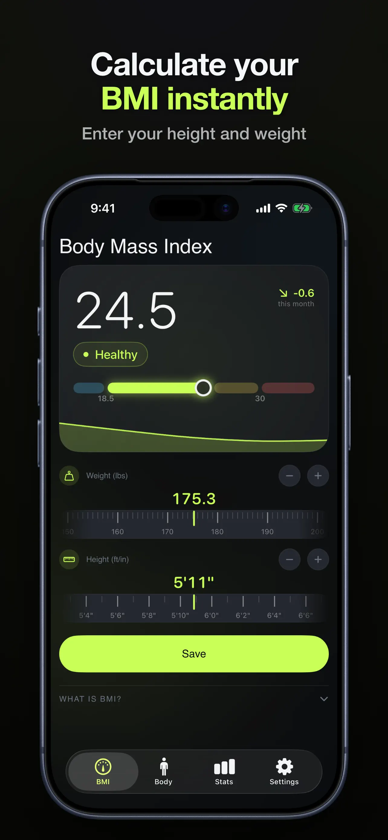 BMI Calculator & Body Tracker app showing a BMI of 24.5 in the Healthy range with height and weight inputs