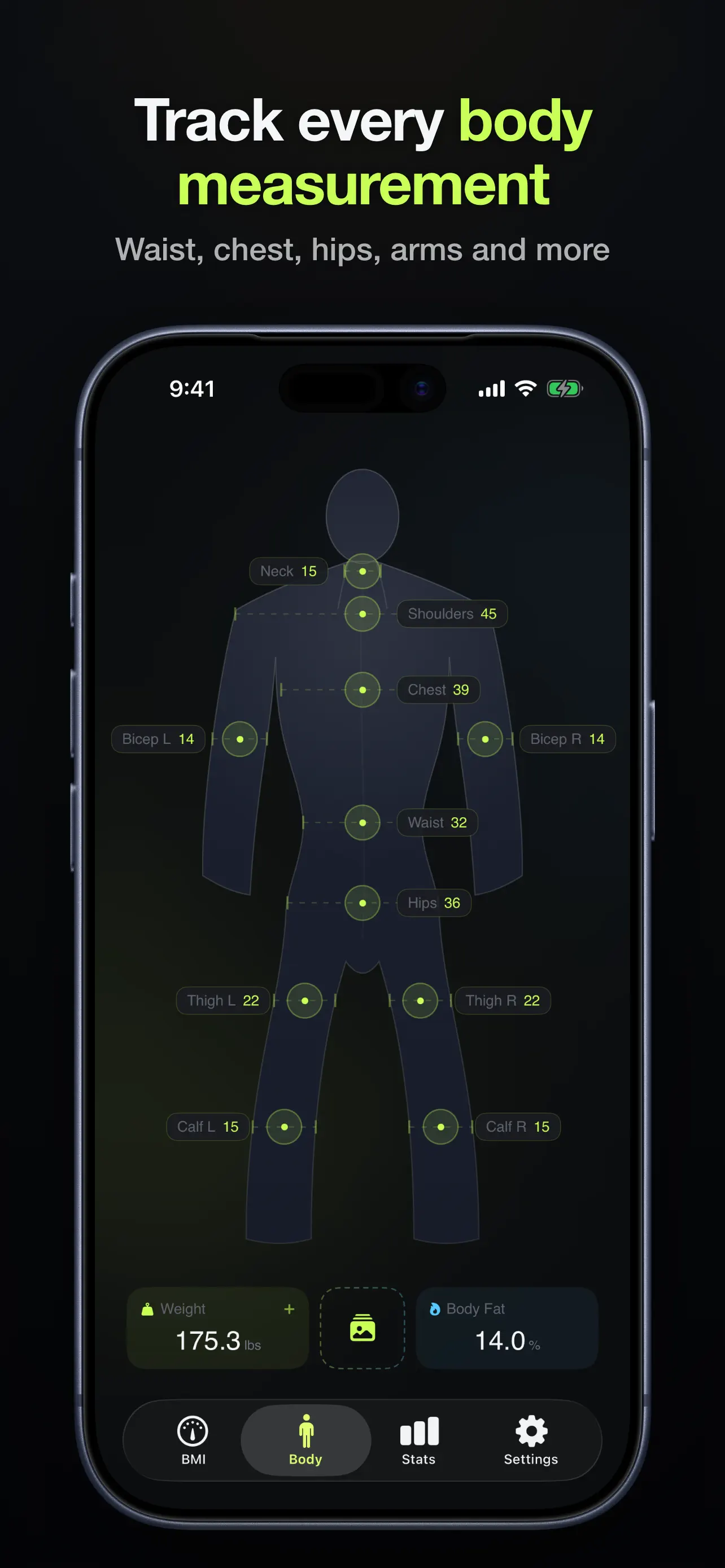 Body measurement tracker with waist, chest, hips, biceps, thighs, calves and neck on a body map