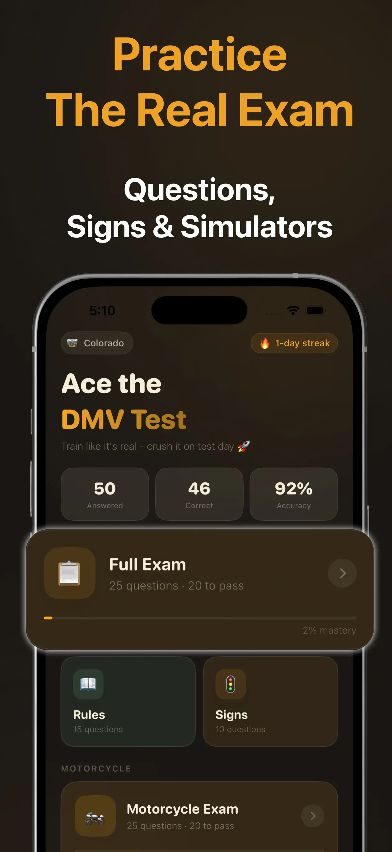 DMV Practice Test Permit 2026 app dashboard with full exam simulation, rules and road sign quizzes, and accuracy stats