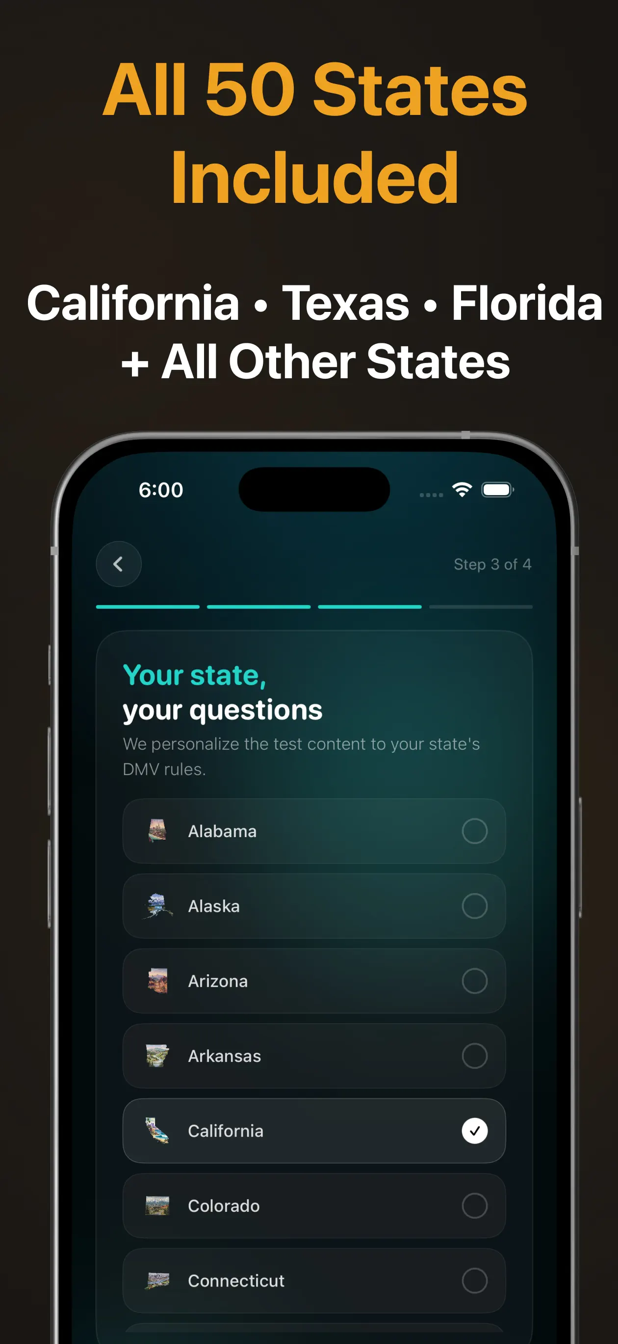 State selection screen showing all 50 US states with California selected for state-specific DMV questions