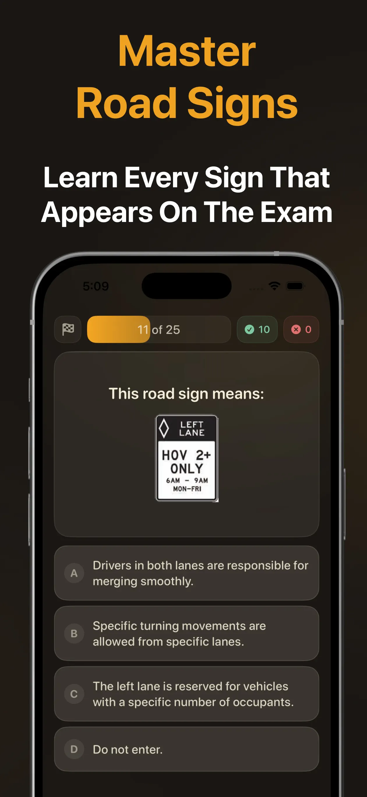 Road signs practice quiz asking the meaning of an HOV 2+ only lane sign with four answer choices