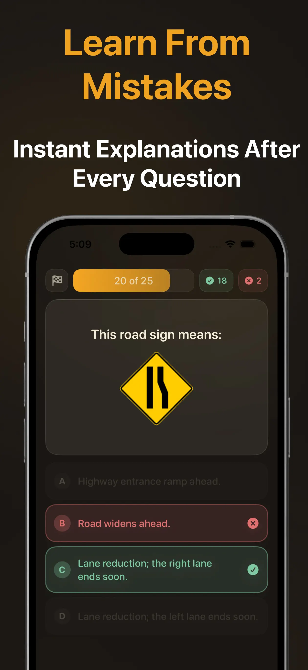 Answer review showing a missed lane reduction sign question with the wrong answer in red and the correct answer in green