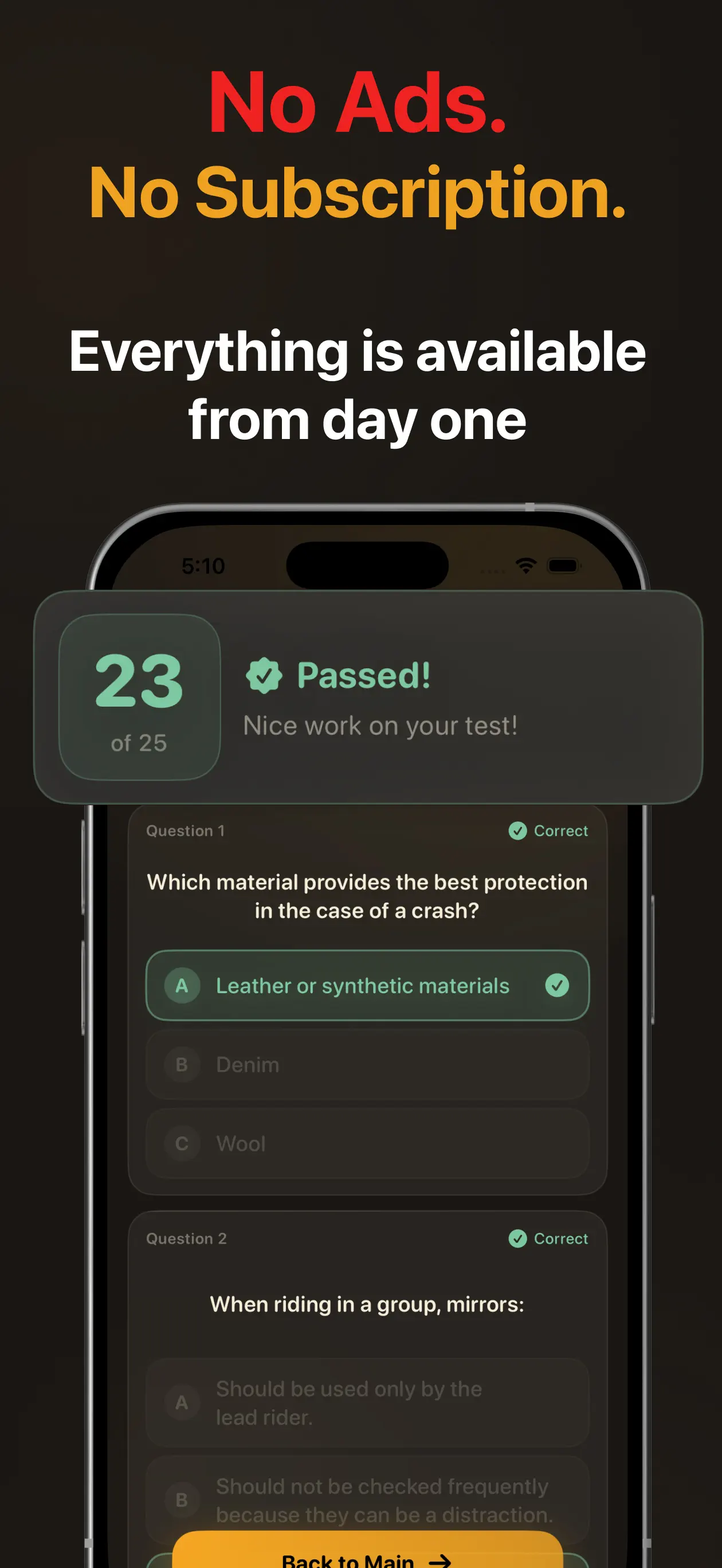 Passed practice exam results screen showing 23 of 25 correct with per-question review — no ads, no subscription