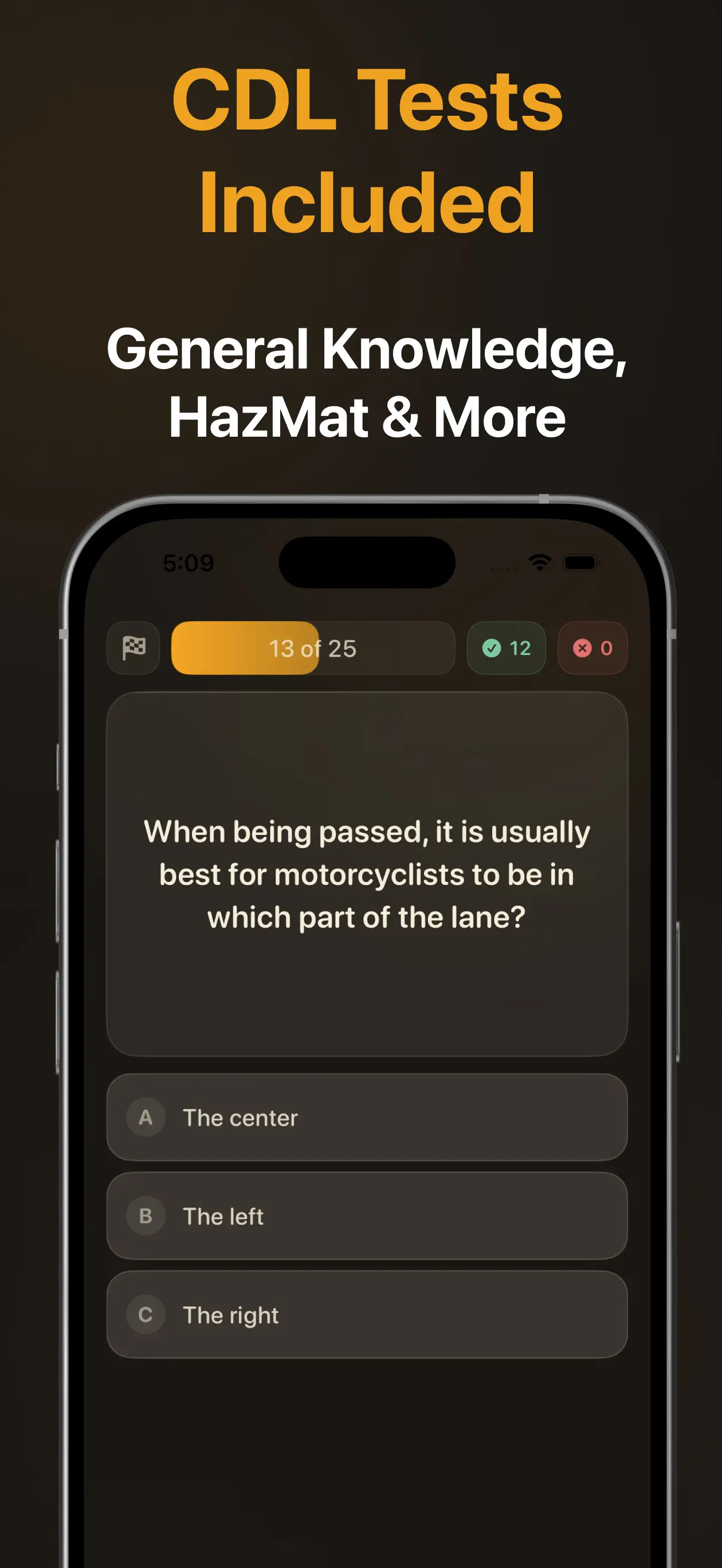 CDL practice test question in progress — general knowledge, HazMat and more included