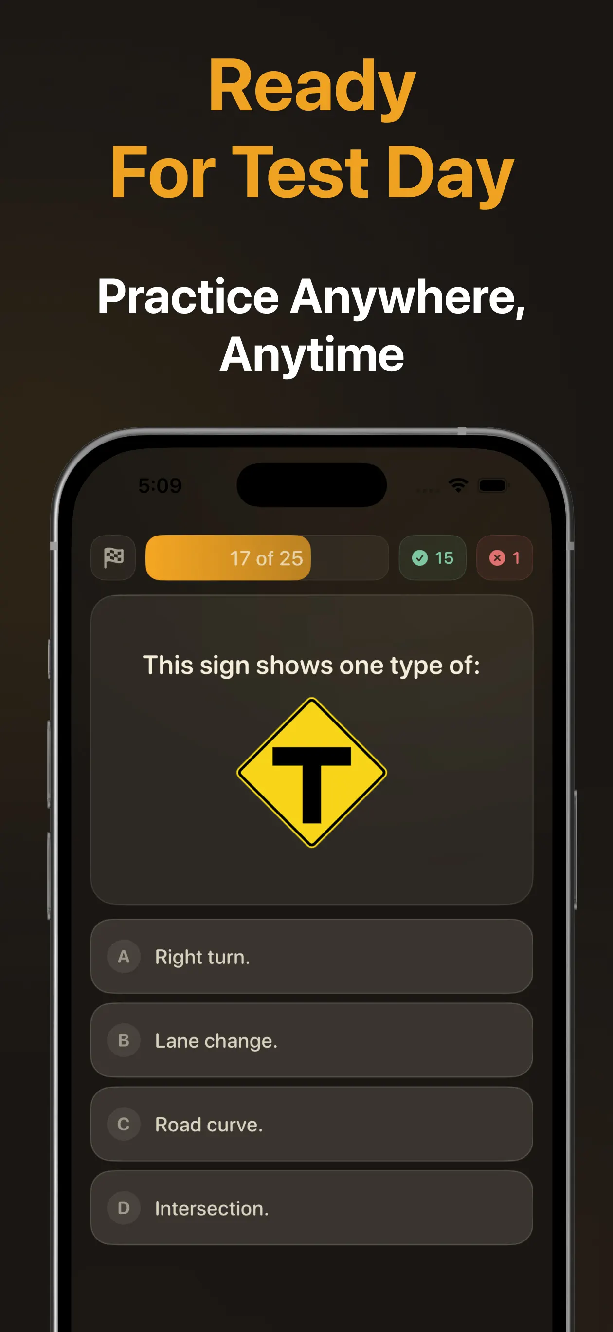 Road sign practice question about an intersection warning sign — practice anywhere, anytime