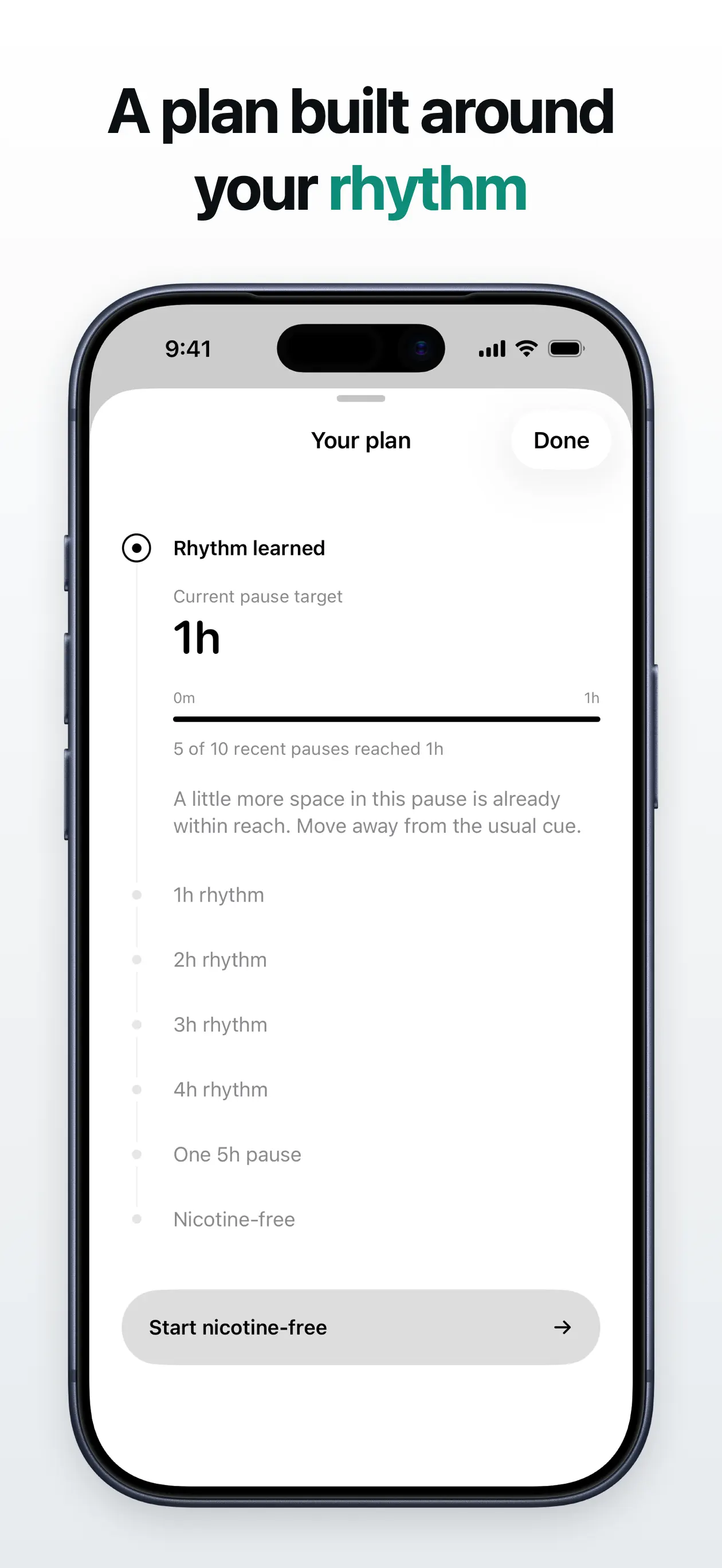 Reduction plan with the current pause target and steps from a 1-hour rhythm to nicotine-free