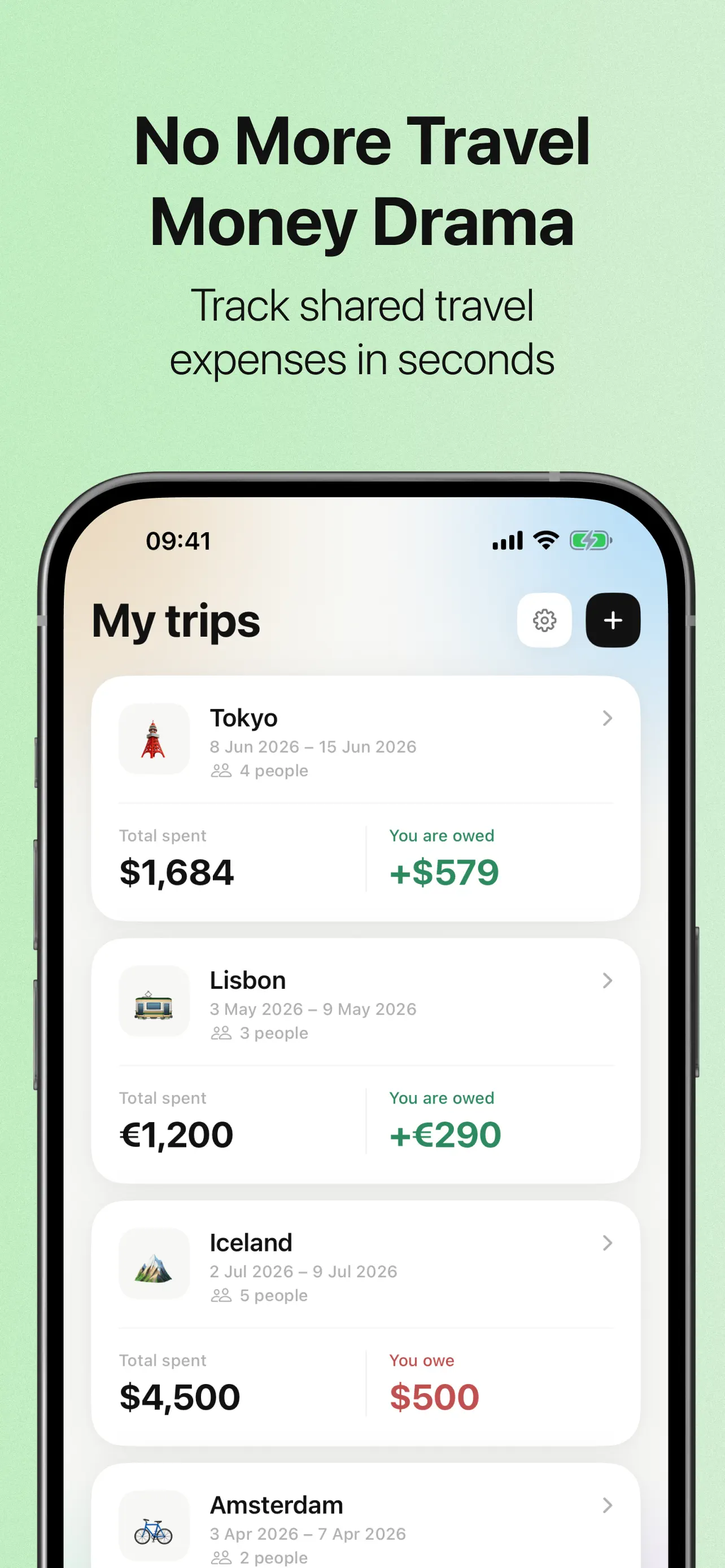 SplitTrip app trip list showing shared travel expenses for Tokyo, Lisbon, and Iceland trips with total spent and who is owed what