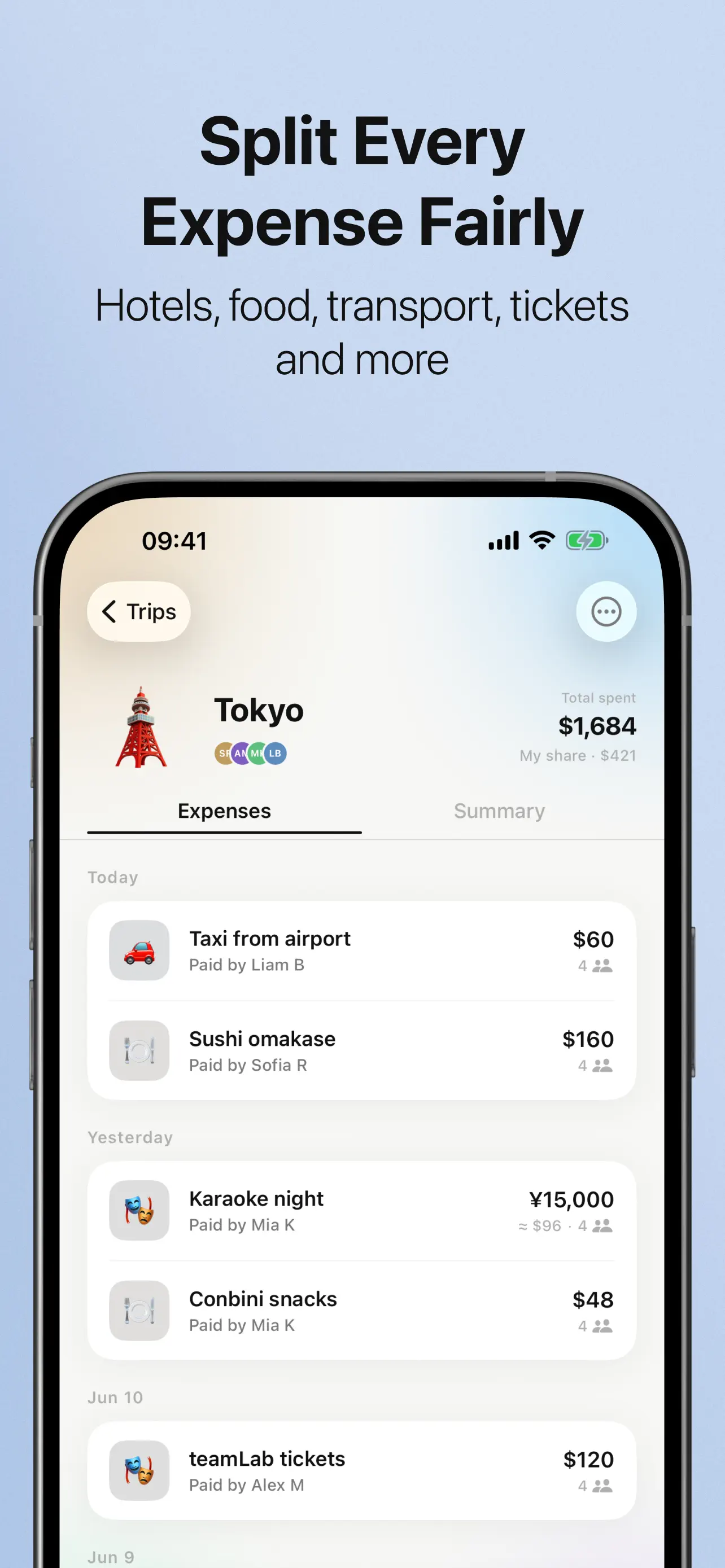 Trip expense list with hotels, food, transport, and activity costs, showing who paid for each shared travel expense