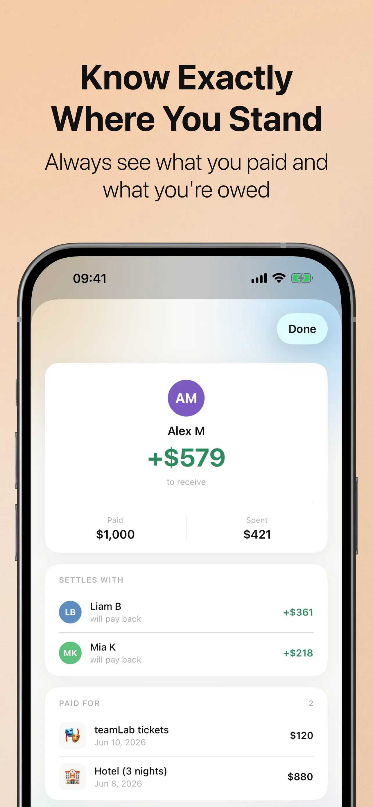 Personal balance in SplitTrip showing amount paid, personal share, who will pay back, and expenses paid for