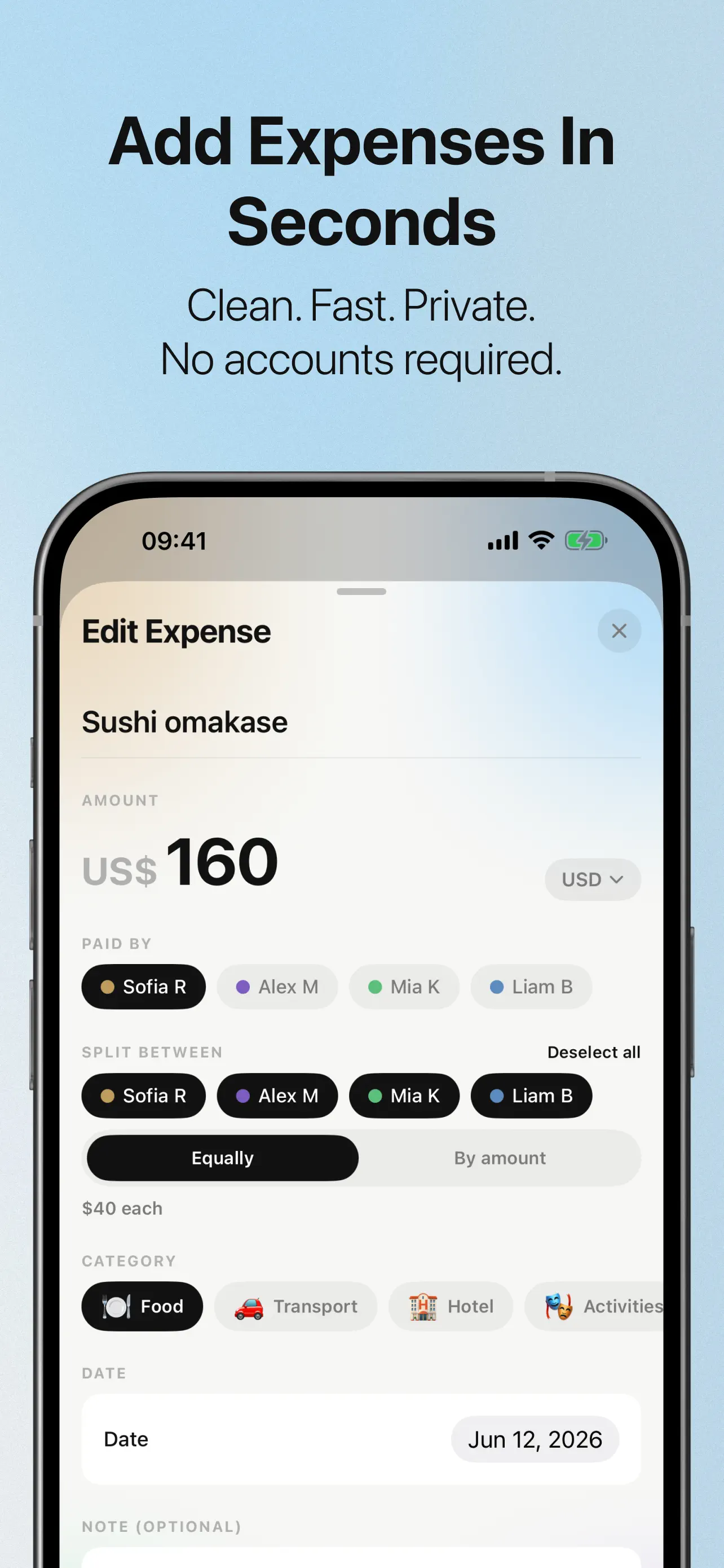 Adding a shared expense in SplitTrip: amount with currency picker, who paid, split equally or by amount, and a category