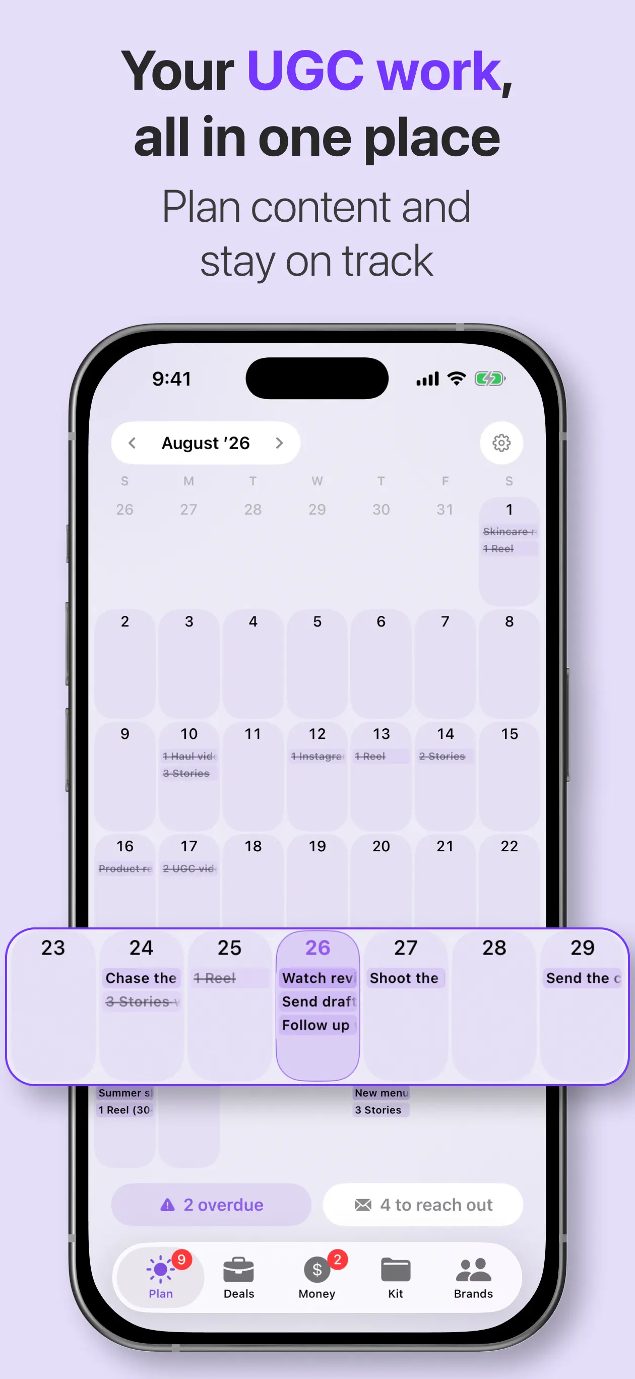 UGC Studio calendar with content deadlines and follow-up tasks