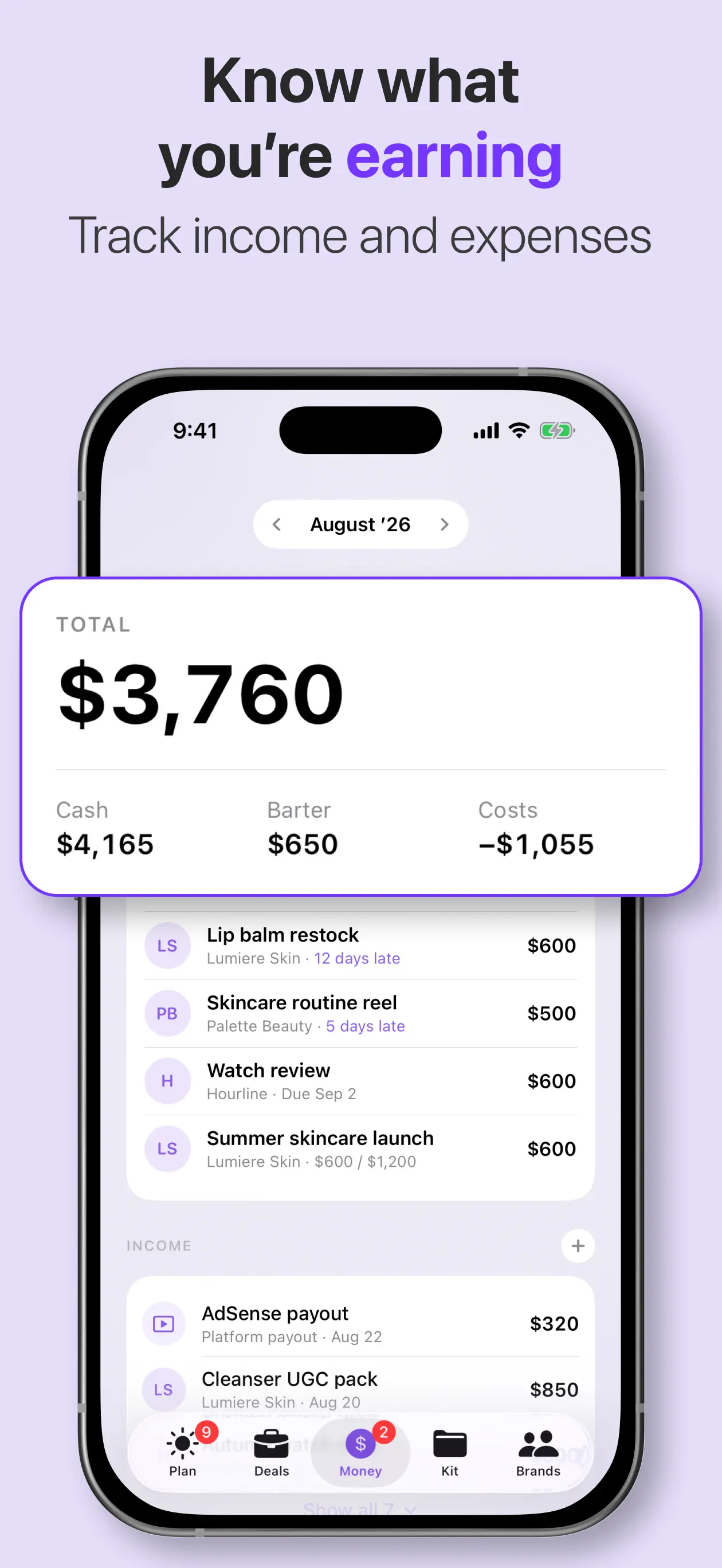 UGC Studio income and expense overview with cash, barter and costs