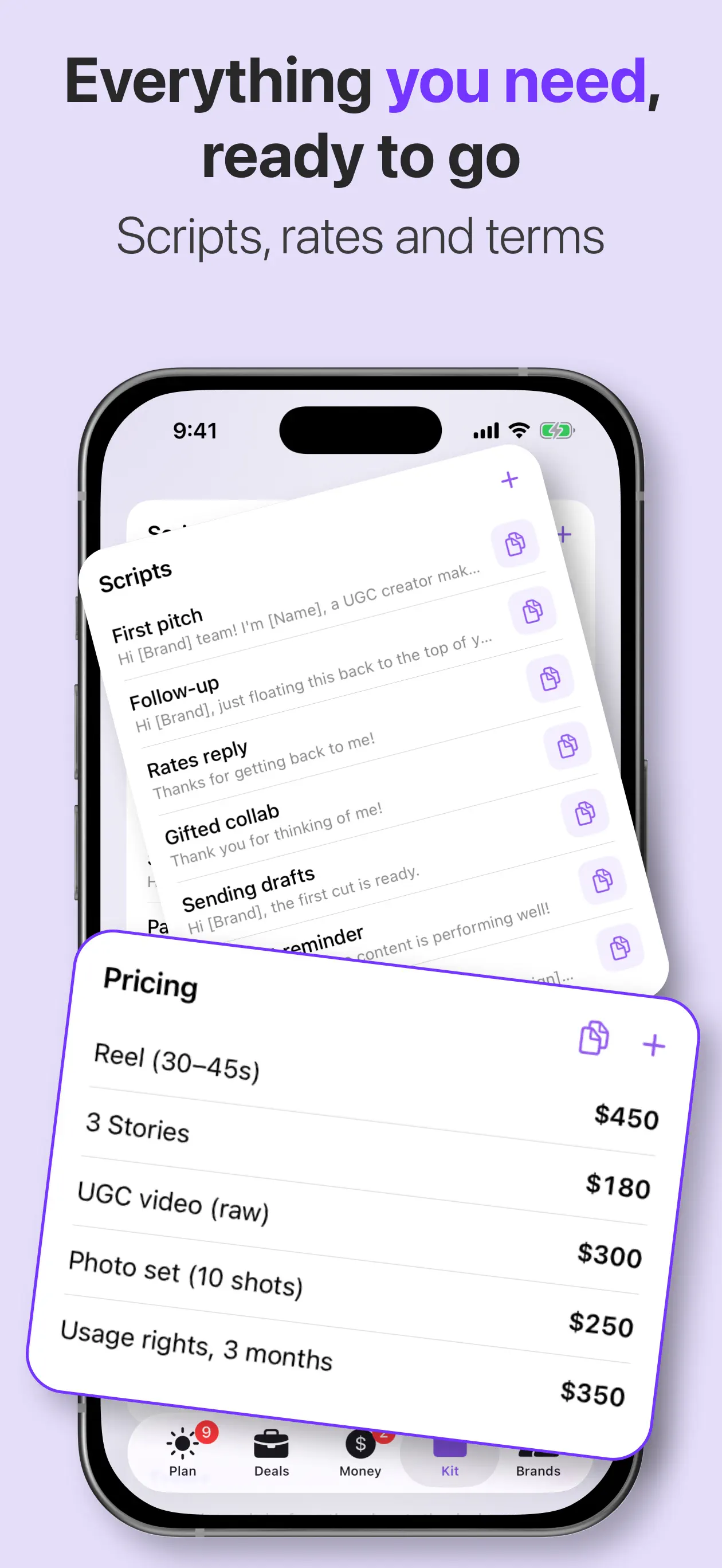 UGC Studio creator kit with scripts, pricing and usage-rights rates