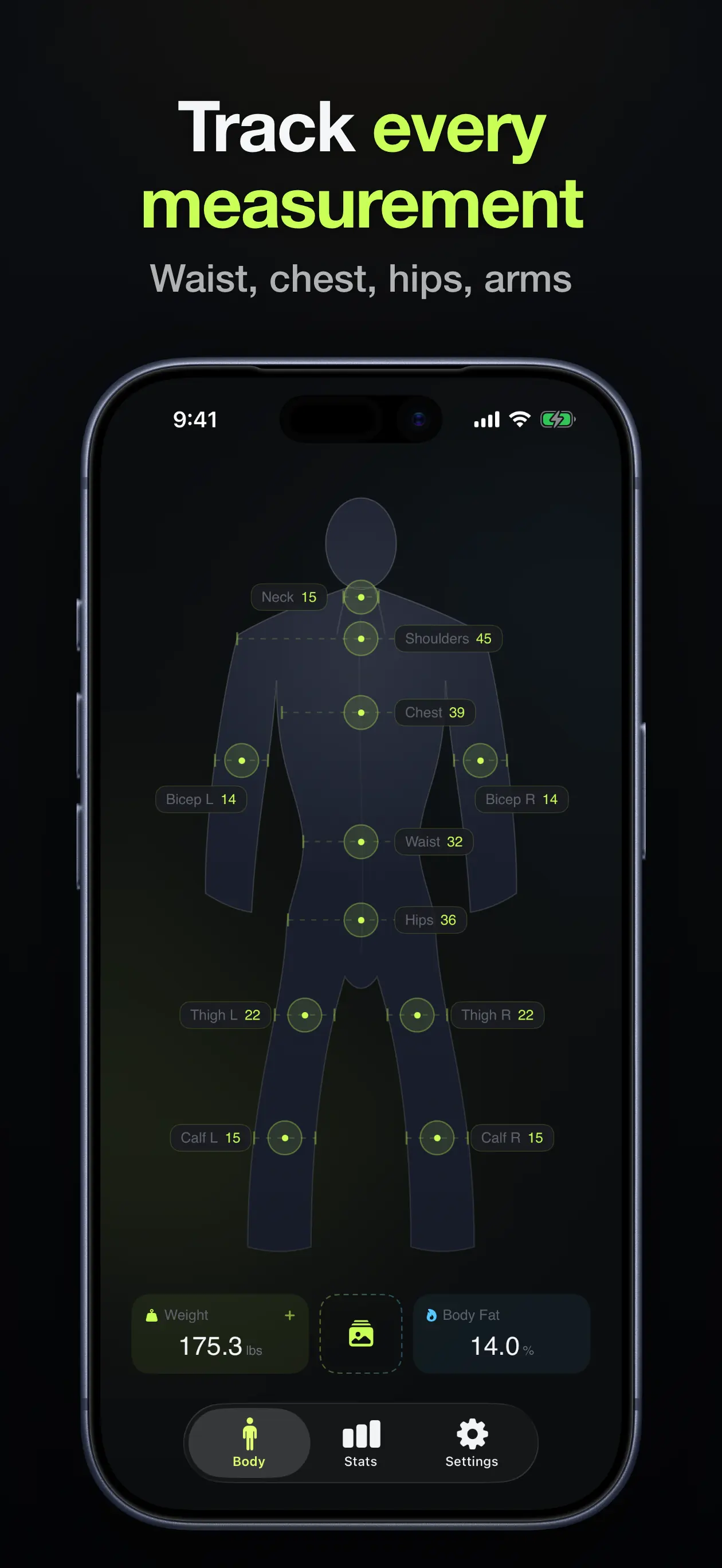 Weight & Measurements Tracker screenshot — the body map with every measurement point