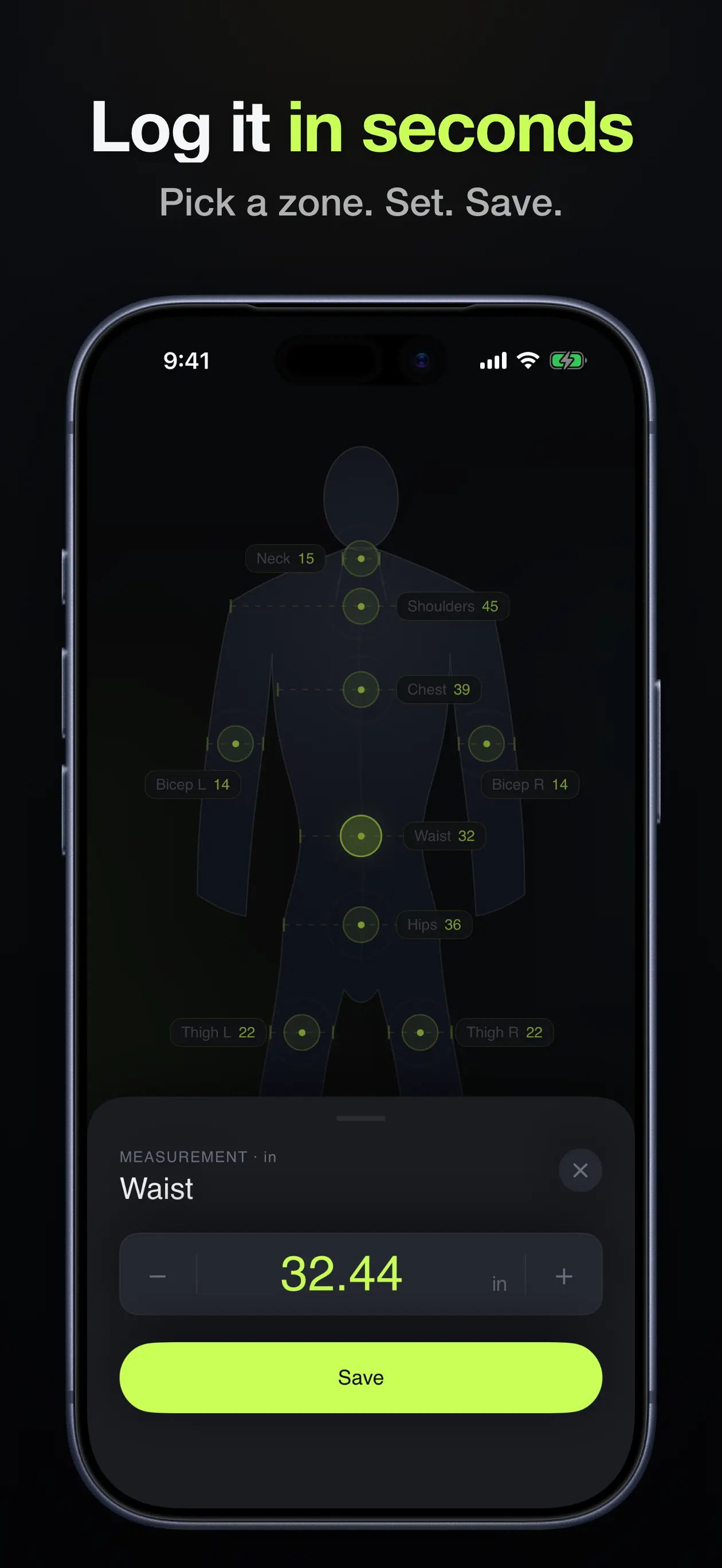 Logging a waist measurement of 32.44 inches from the body map with a save button