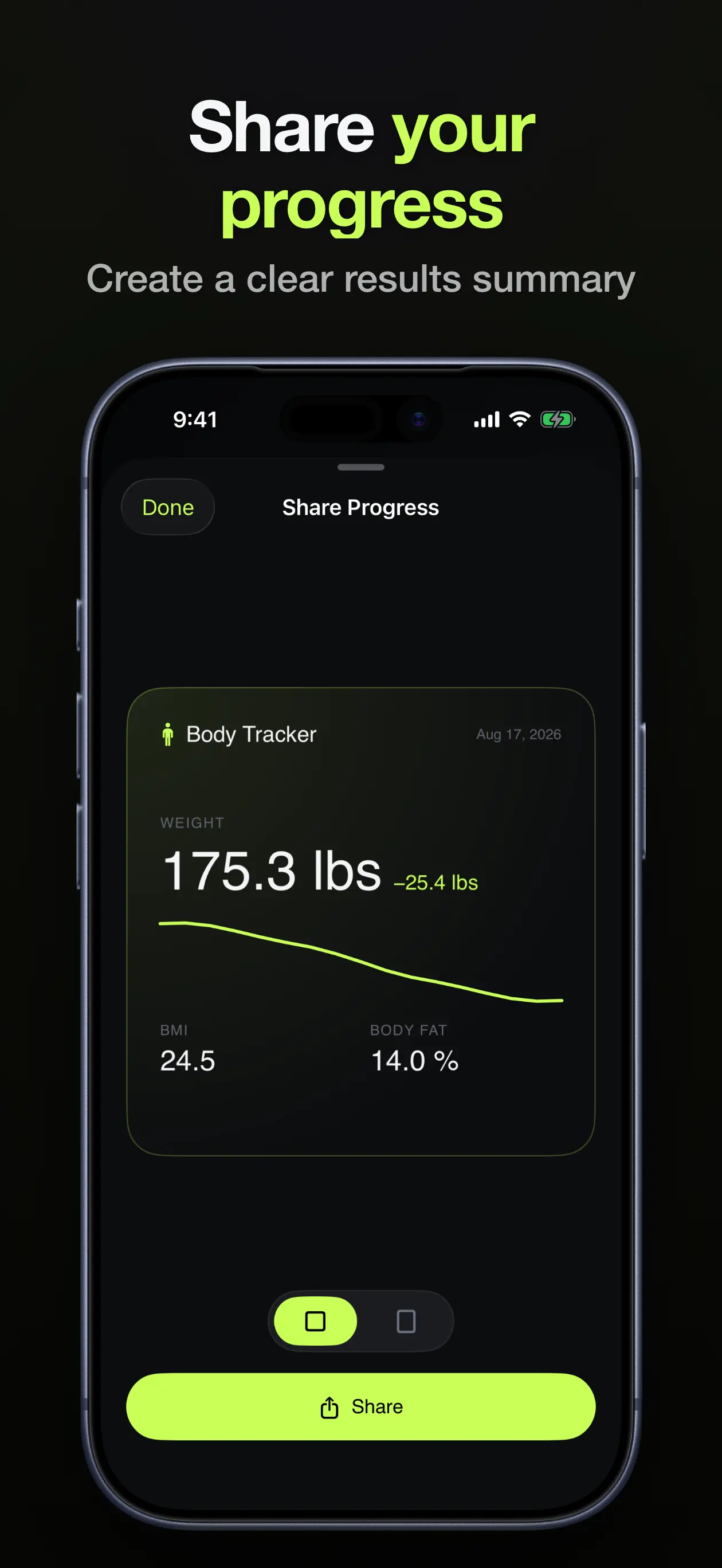 Share Progress screen with a summary card showing weight, weight change, BMI and body fat